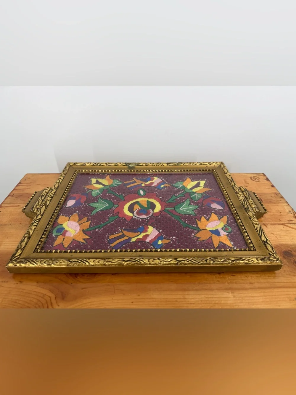 Vintage 70’s Framed Needlepoint Embroidered Floral Glass Vanity Gold Tray